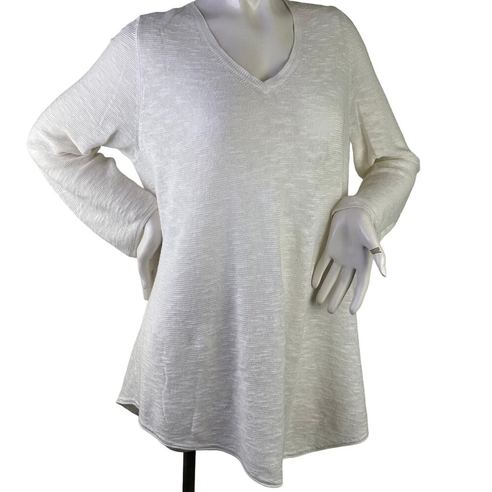 Womens White Loose Knit Long Sleeve V Neck Swing Lightweight Spring Sweater S M